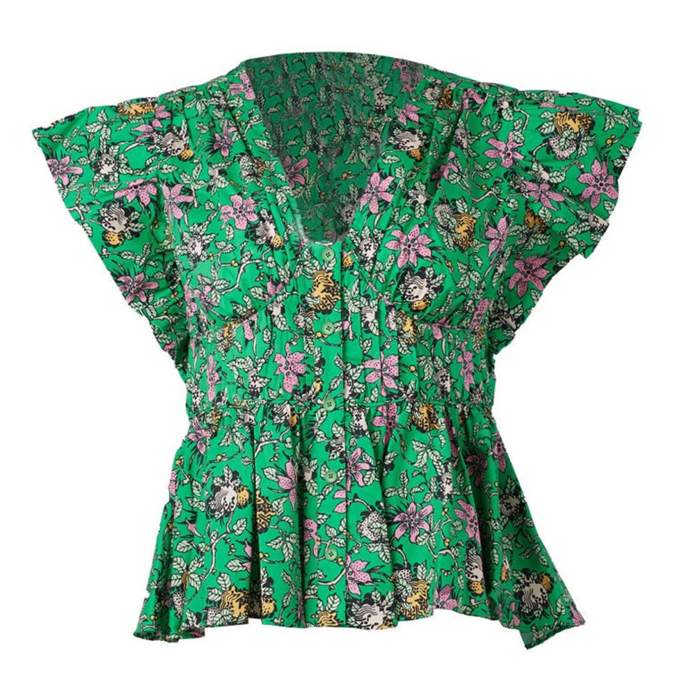 Derek Lam 10 Crosby Roselyn Ruffle Sleeve Top in Green Multi size 14 Cotton